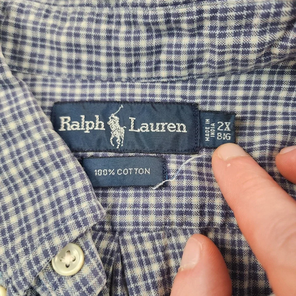 Polo Ralph Lauren Button Down Shirt Mens Big 2X Blue Check Cotton Short Sleeve